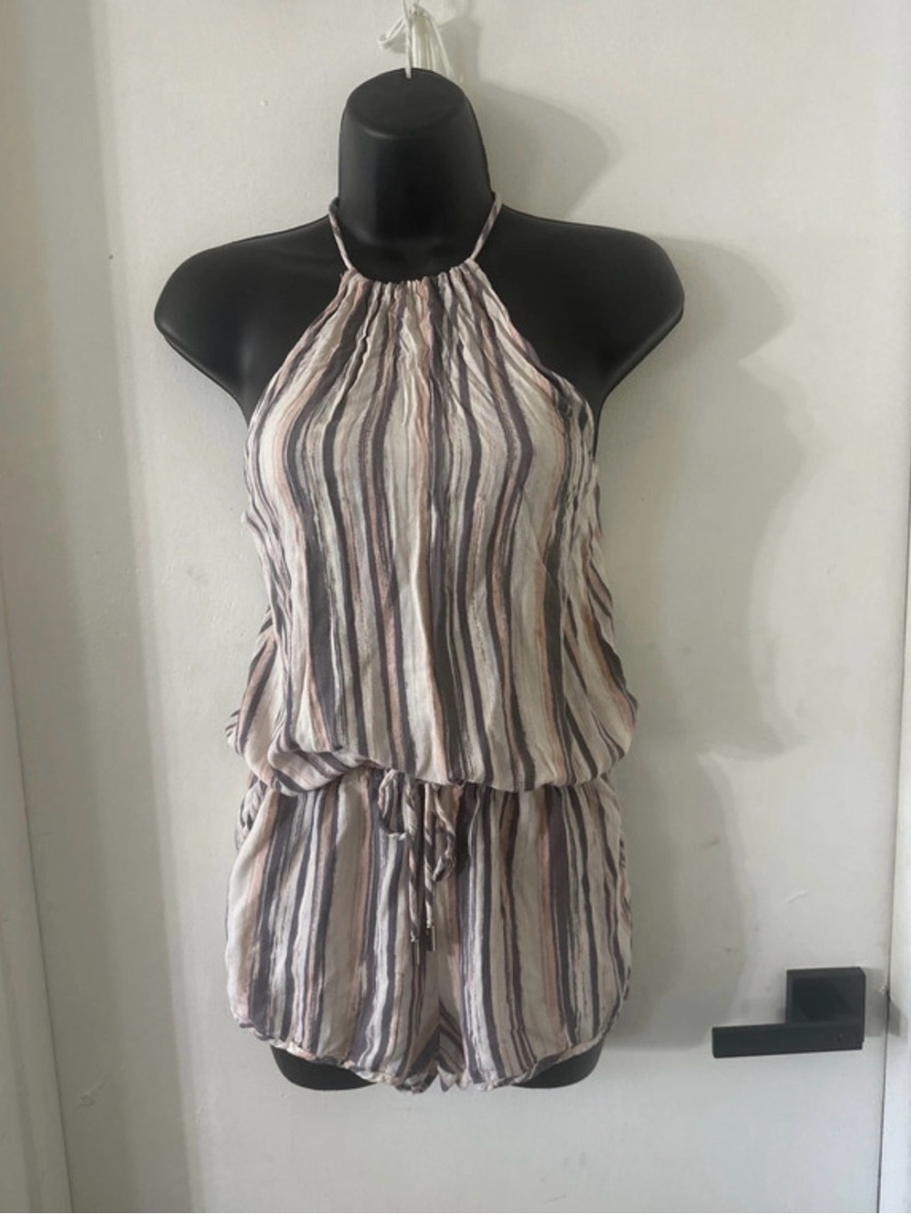 Lulu's Striped Halter Romper in Neutral Stripe